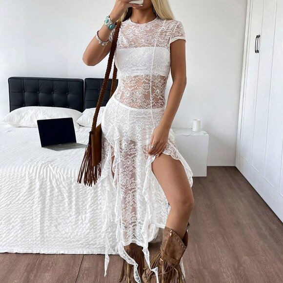 White Elegant Women's Lace See-Through Mesh Mini Dress - Picture 5 of 6